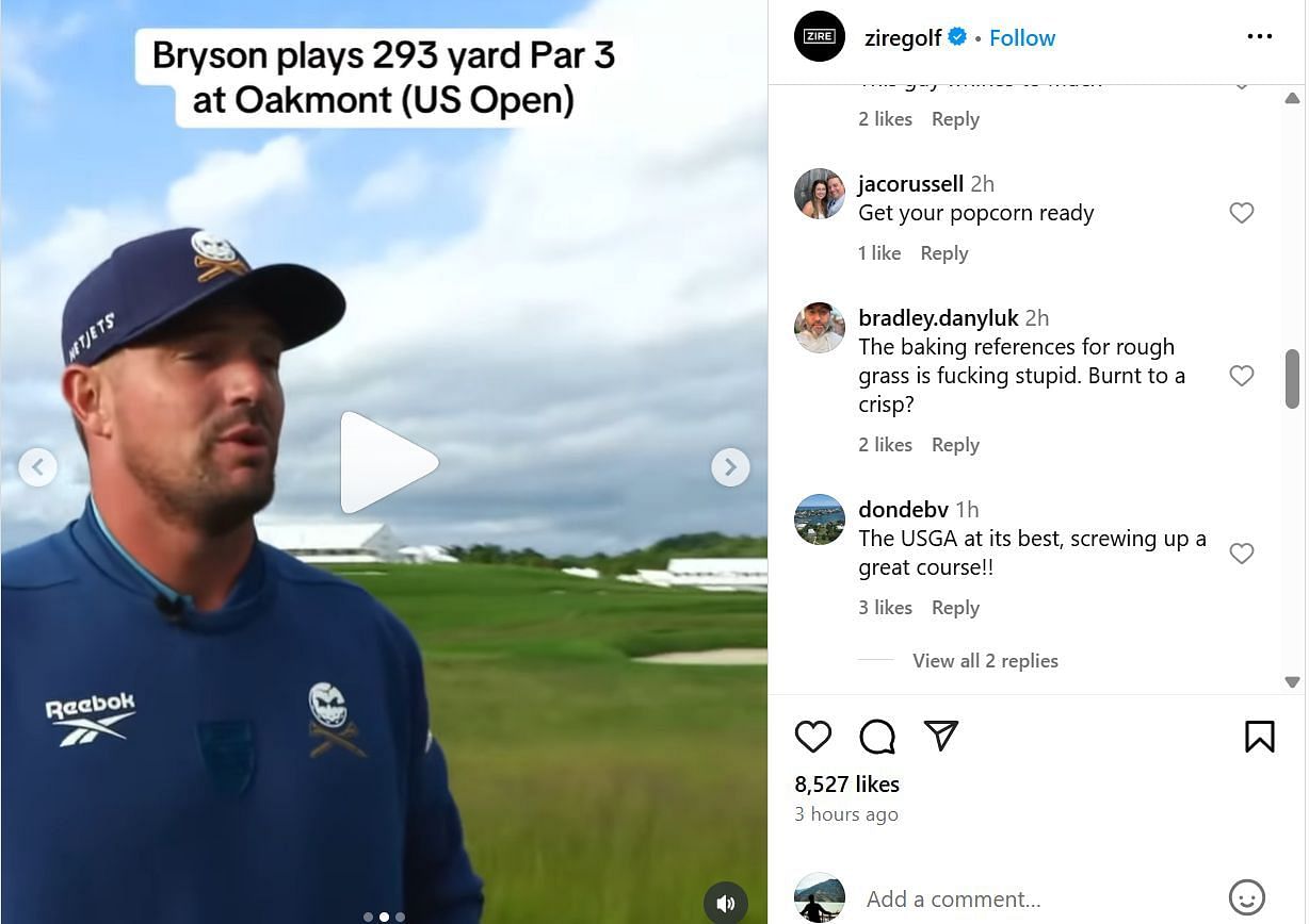 Fans comment under DeChambeau's play at Oakmont (Image Credit: via IG @Ziregolf)
